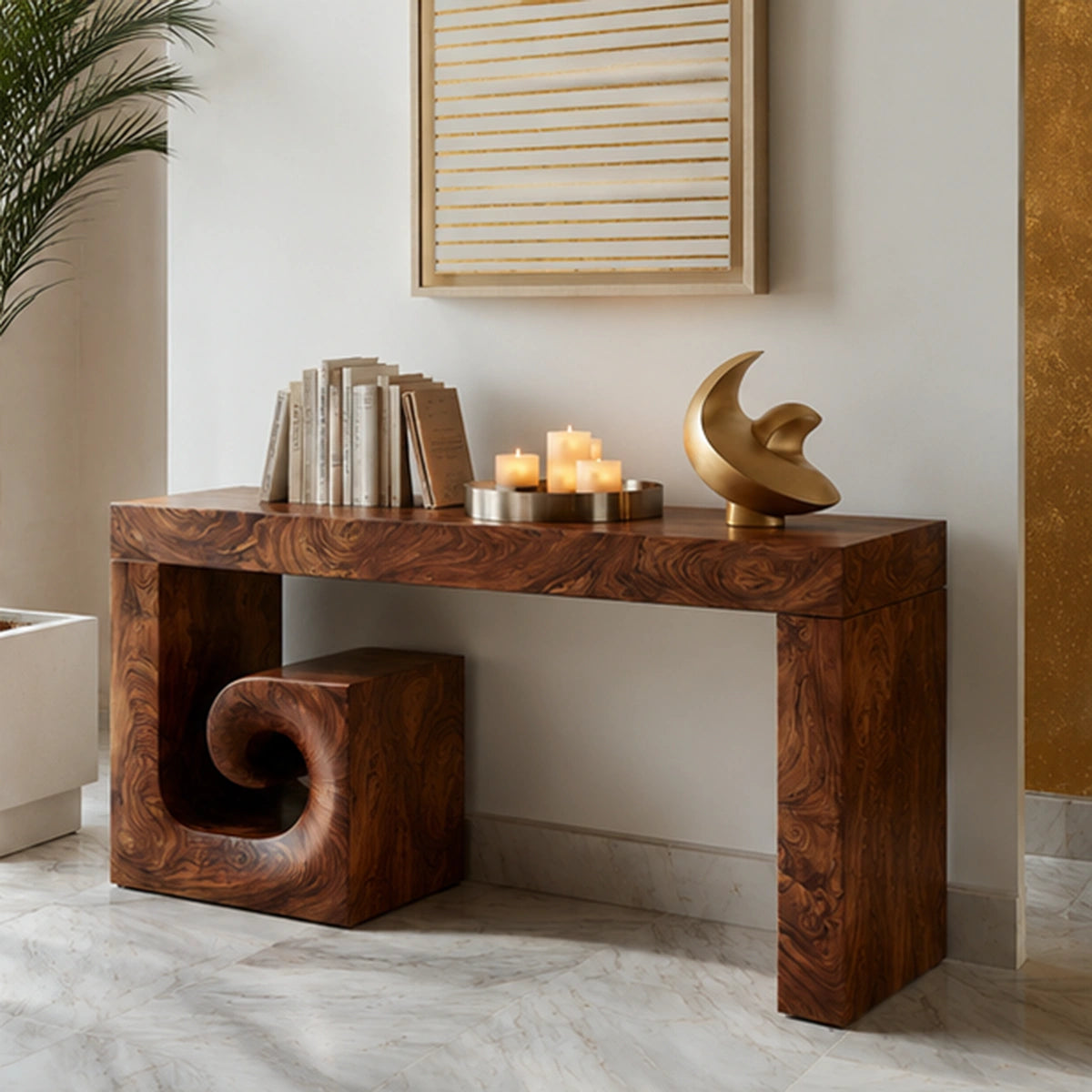 Solid Wood Console Table with Sculptural Stool | Modern Entryway & Hallway Table - Livewoodcraft - 7