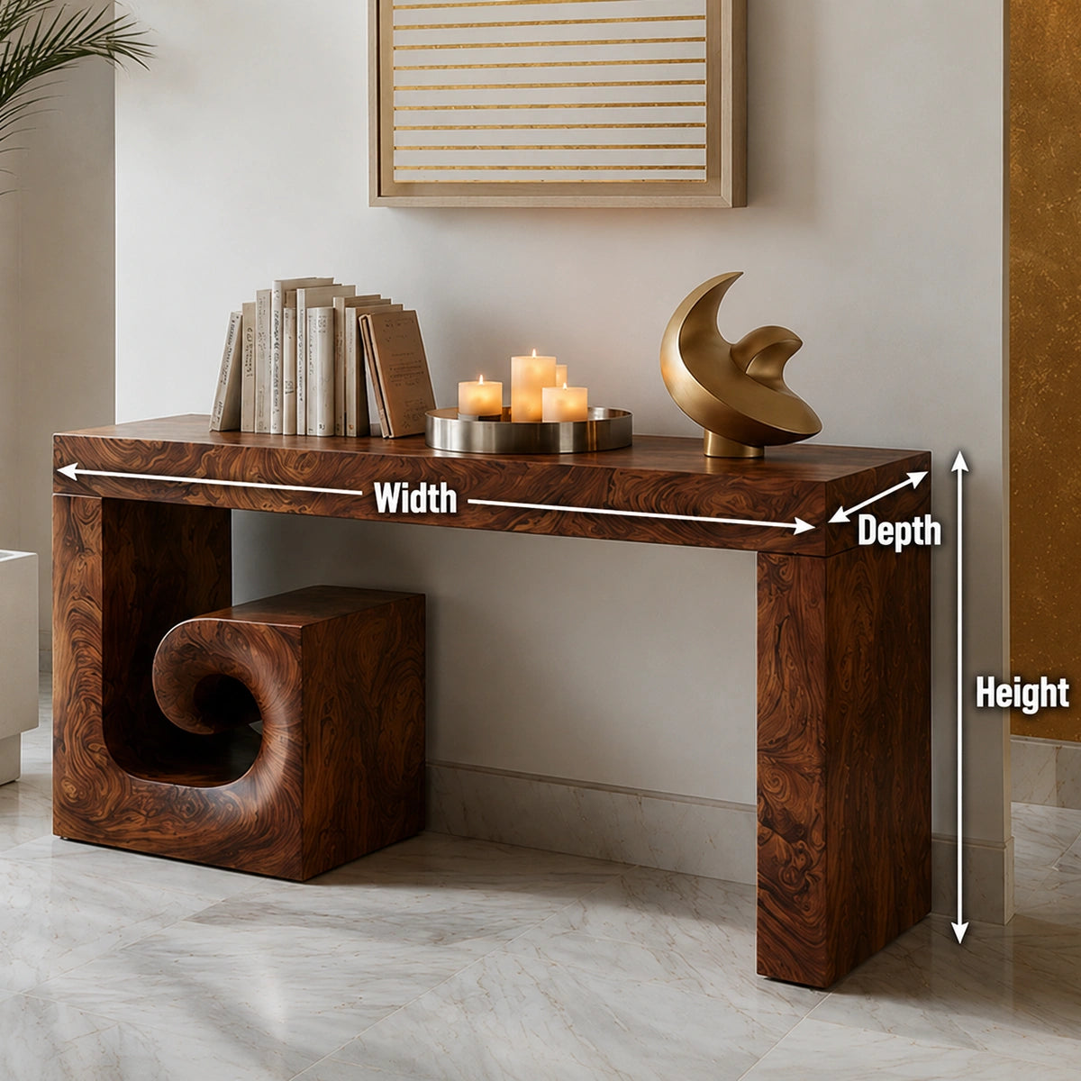 Solid Wood Console Table with Sculptural Stool | Modern Entryway & Hallway Table - Livewoodcraft - 8