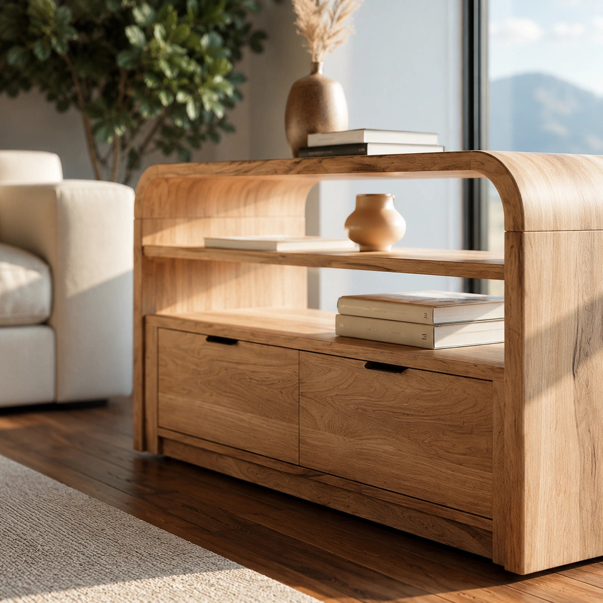 Solid Wood Sideboard Cabinet with Drawers and Open Shelves - Livewoodcraft - 2