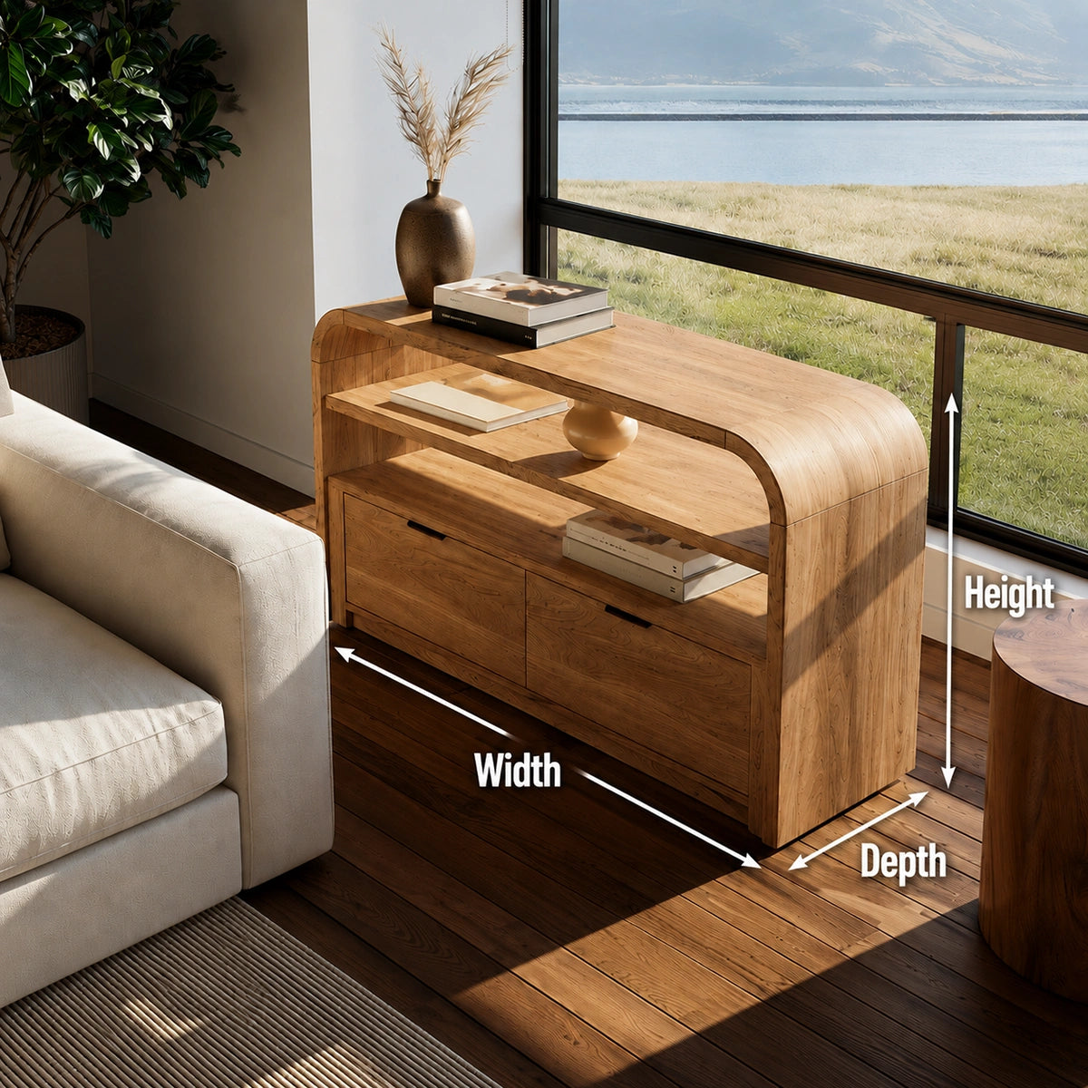 Solid Wood Sideboard Cabinet with Drawers and Open Shelves - Livewoodcraft - 9
