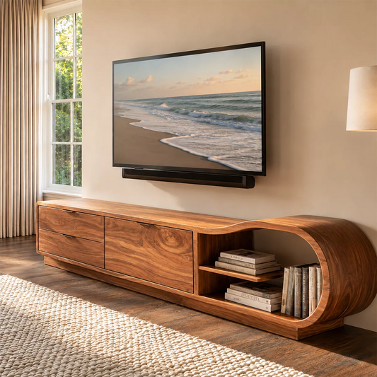 Solid Wood TV Cabinet With Curved Open Shelf Storage Drawers And Natural Wood Grain For Modern Living Room - Echotimber