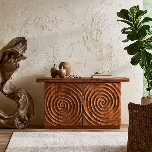Spiral Carved Natural Solid Wood Sideboard Cabinet with Concealed Storage - Echotimber
