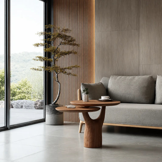 Tiered Natural Solid Wood Coffee Table with Sculptural Pedestal Base - Echotimber