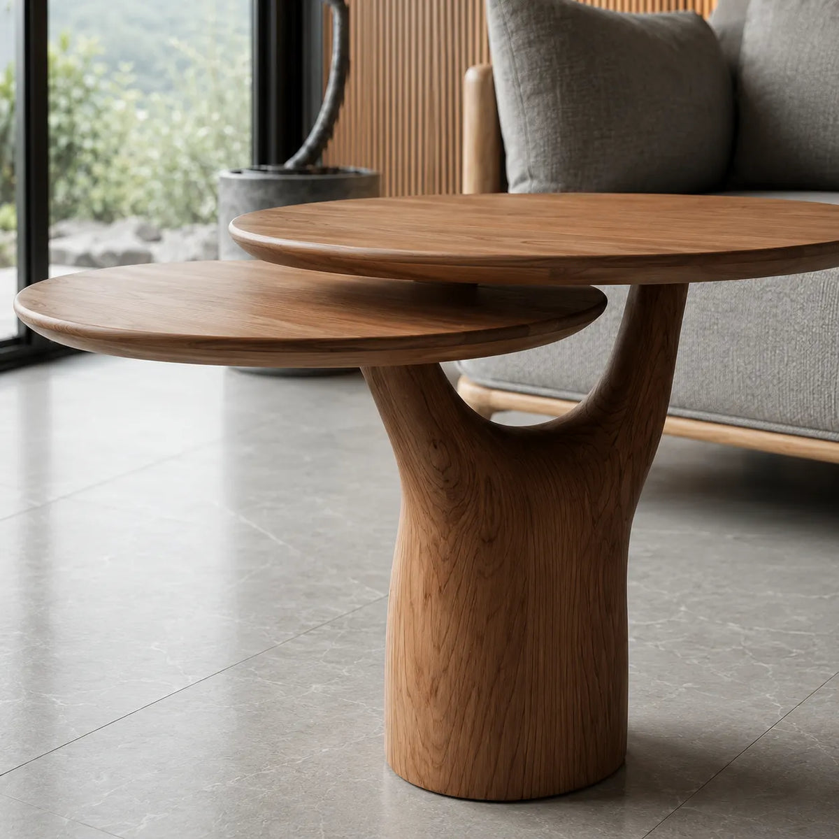 Tiered Natural Solid Wood Coffee Table with Sculptural Pedestal Base - Livewoodcraft - 5