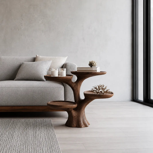 Tiered Natural Solid Wood Side Table with Sculptural Branch Base - Echotimber