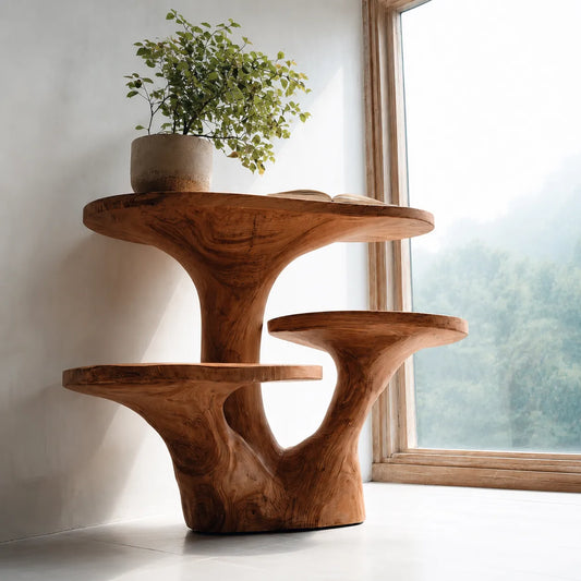 Tiered Natural Solid Wood Side Table with Sculptural Organic Base - Echotimber