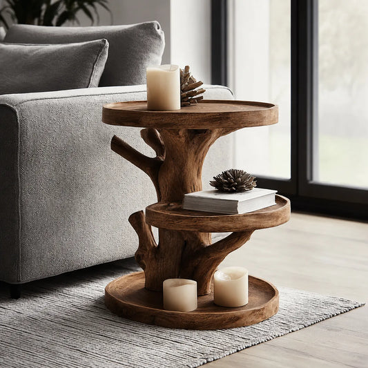 Tiered Natural Solid Wood Side Table with Tree Branch Base - Echotimber