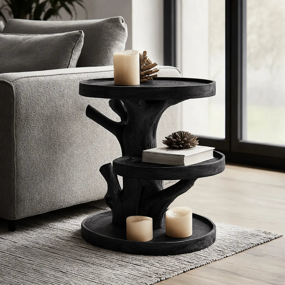 Tiered Natural Solid Wood Side Table with Tree Branch Base - Livewoodcraft - 4