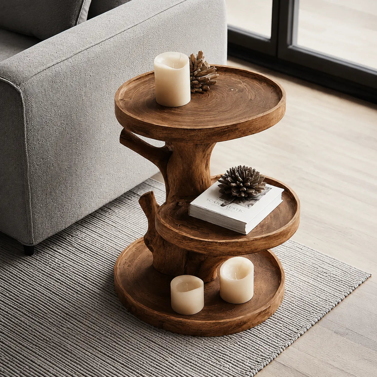 Tiered Natural Solid Wood Side Table with Tree Branch Base - Livewoodcraft - 5