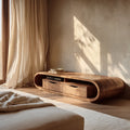 Curved Natural Solid Wood TV Stand with Open Shelf and Drawer Storage