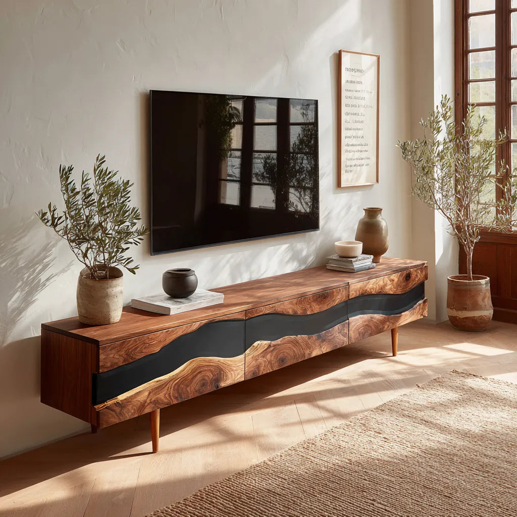 Live Edge Natural Solid Wood TV Stand with Organic Flow Front Design
