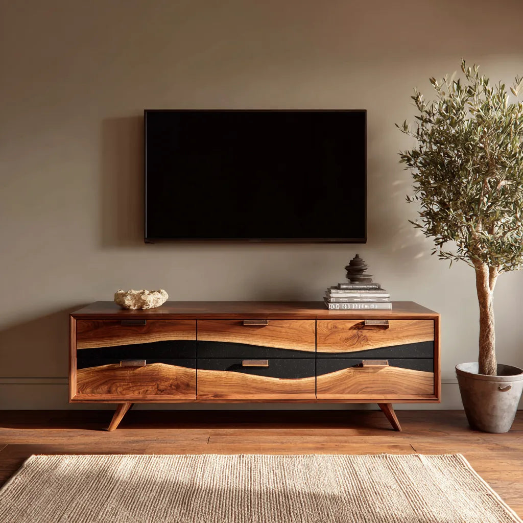 Wave Front Natural Solid Wood TV Stand with Six Drawer Storage