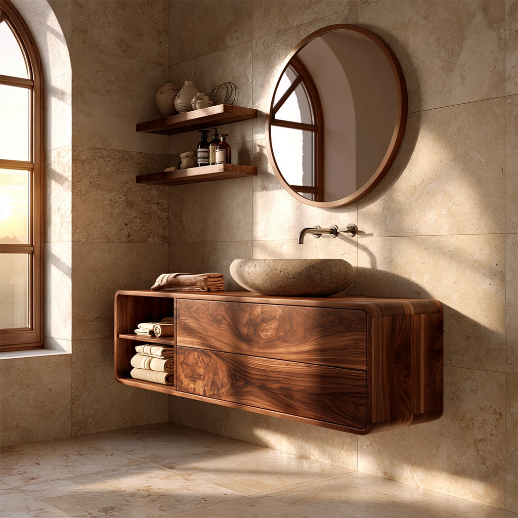 Natural Solid Wood Floating Bathroom Vanity with Two Drawers and Open Shelf