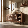 Natural Solid Wood Bathroom Vanity with Four Carved Drawers and Open Shelves