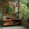 Natural Solid Wood Floating Bathroom Vanity with Four Drawers and Open Shelves