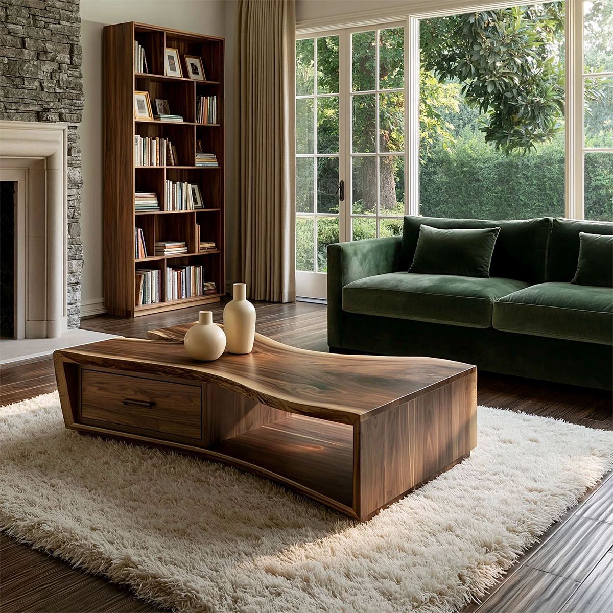 Solid Wood Coffee Table With Sculptural Curved Base Storage Drawer And Open Shelf For Modern Living Room