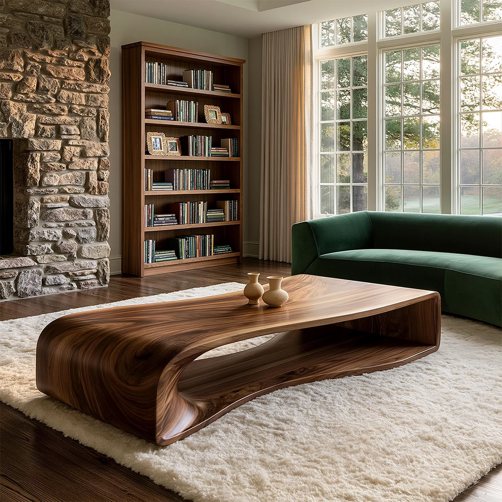 Curved Solid Wood Coffee Table With Sculptural Open Base For Living Room