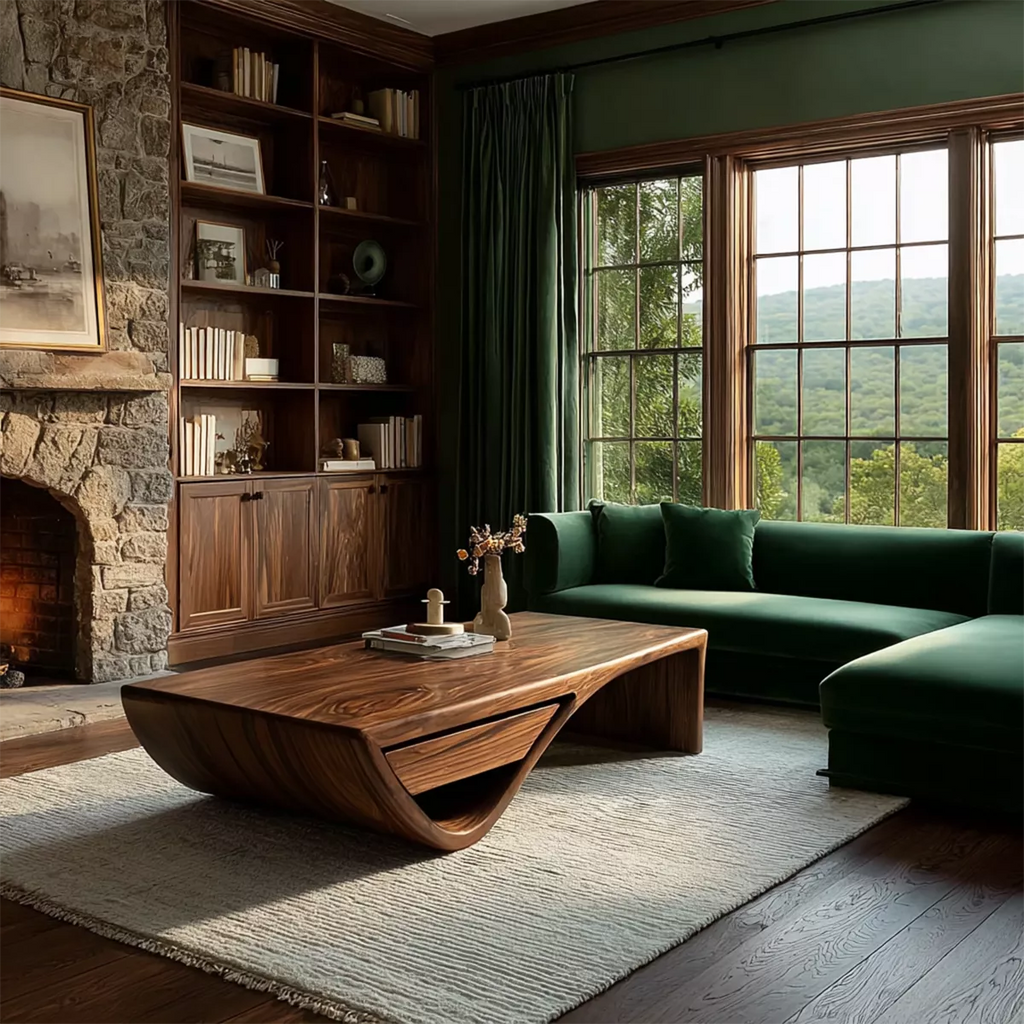 Sculptural Solid Wood Coffee Table With Hidden Storage Drawer And Curved Open Base For Modern Living Room