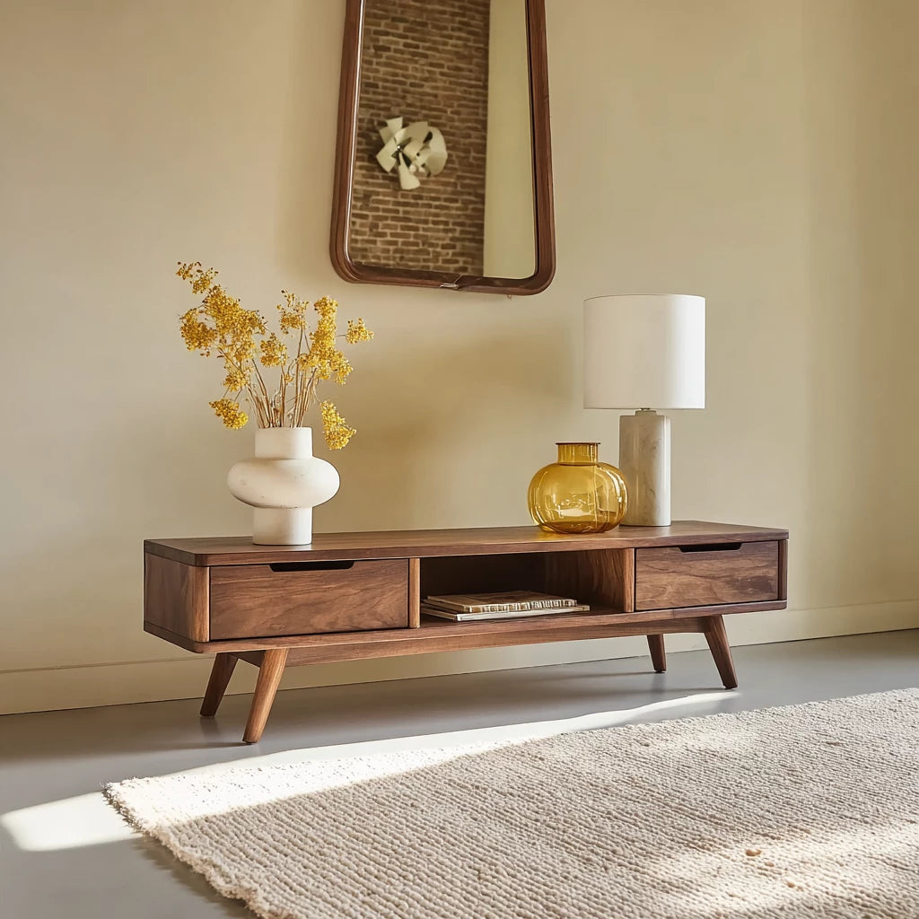 Mid Century Natural Solid Wood TV Stand with Open Shelf Storage
