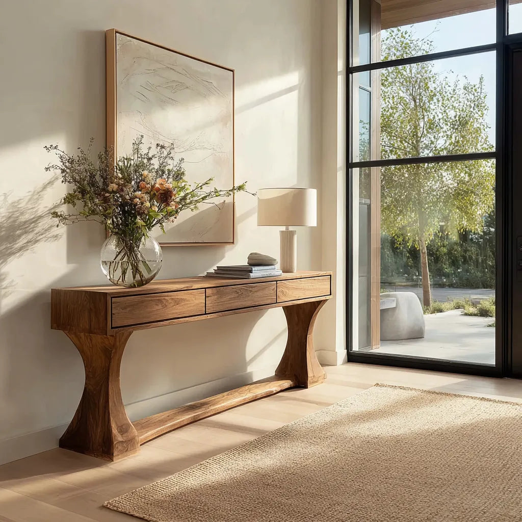 Natural Solid Wood Console Table with Drawers and Sculptural Base