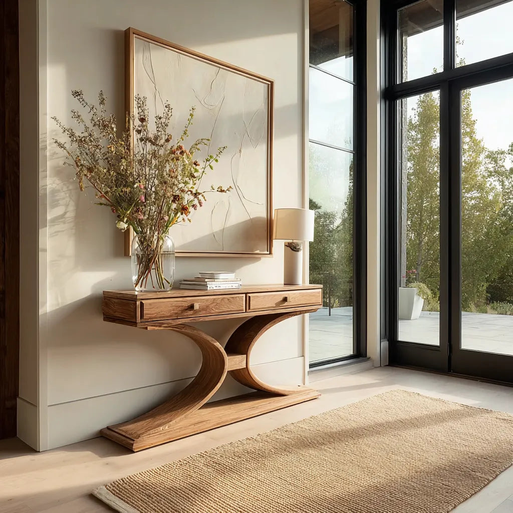 Natural Solid Wood Console Table with 2 Drawers and Sculptural Base