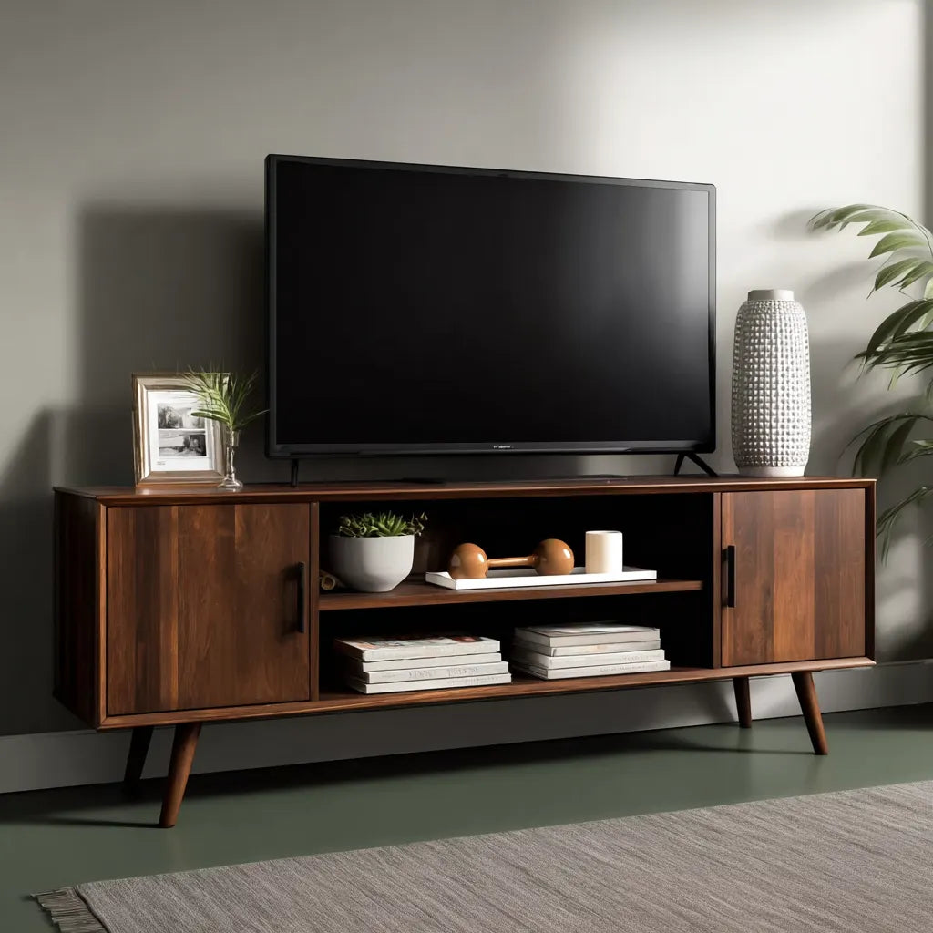Mid Century Modern TV Stand with Cabinet Storage and Open Shelves