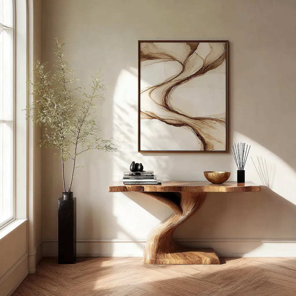 Live Edge Natural Solid Wood Console Table with Sculptural Base
