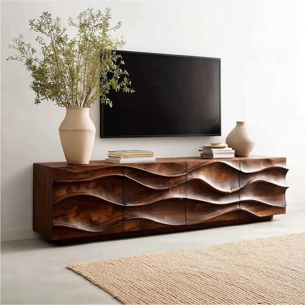 Sculpted Wave Natural Solid Wood TV Stand with Eight Drawer Storage