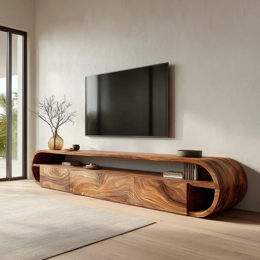 Curved Edge Natural Solid Wood TV Stand with Open Shelf Storage