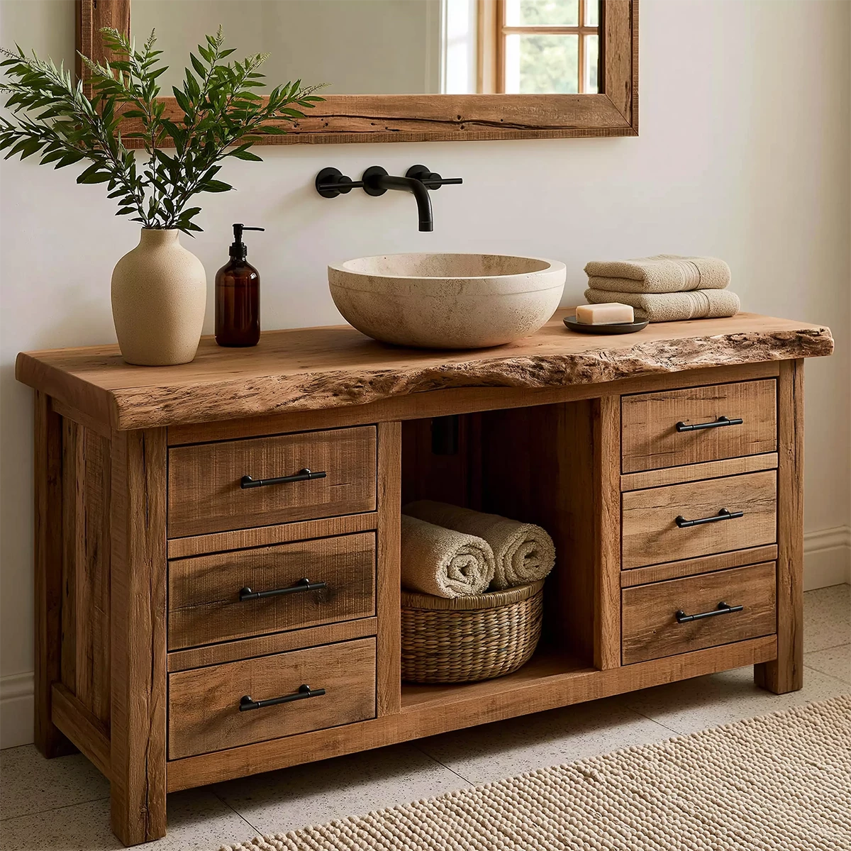 Natural Solid Wood Bathroom Vanity with Six Drawers and Open Center Shelf