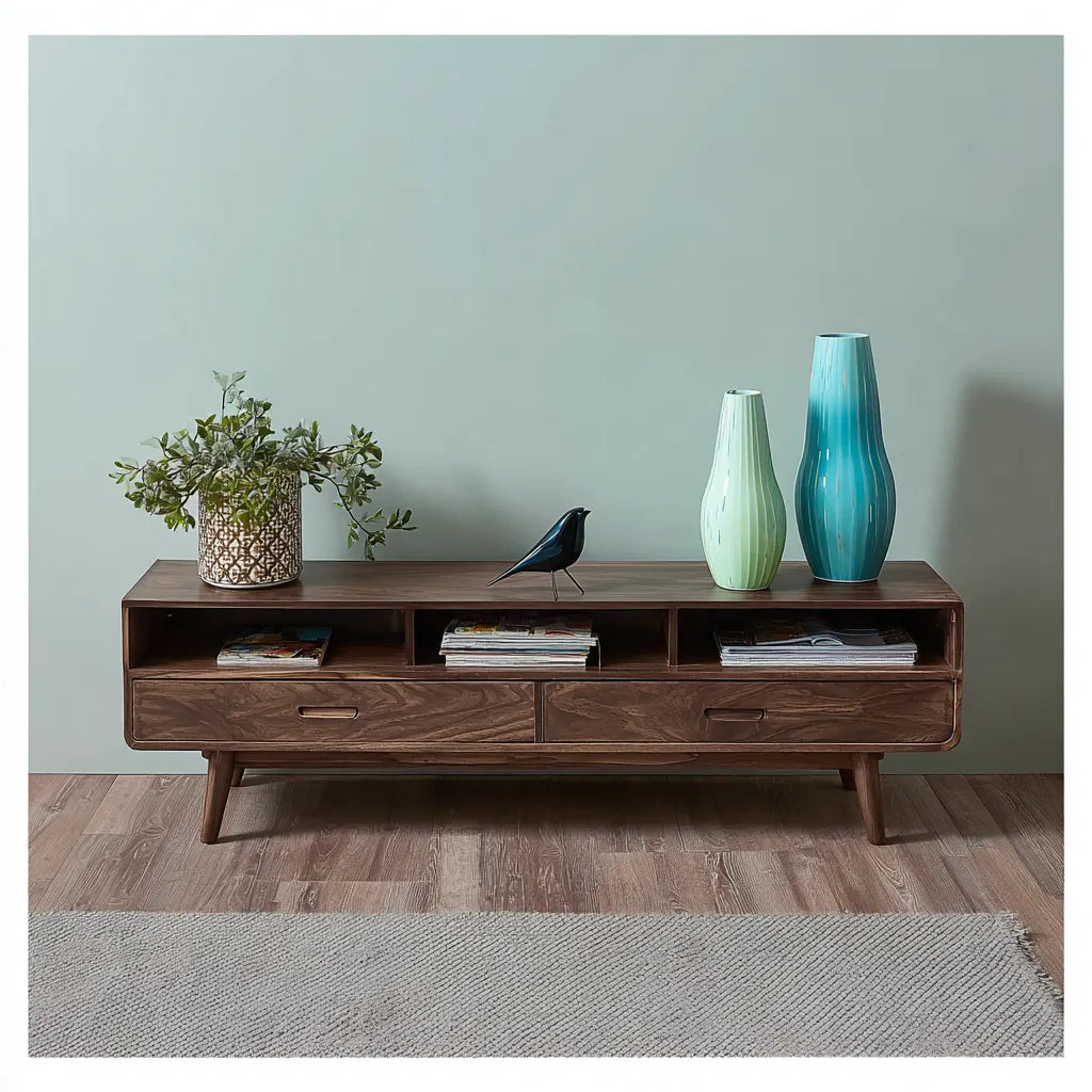 Mid Century Natural Solid Wood TV Stand with Open Shelf Storage