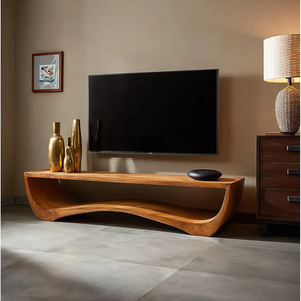 Sculptural Natural Solid Wood Wave TV Stand for Modern Living Rooms