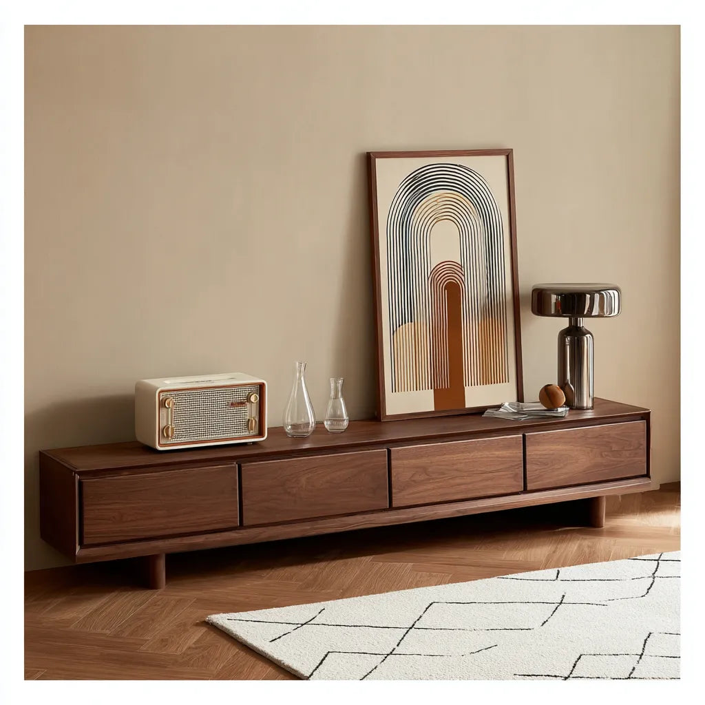 Modern Natural Solid Wood TV Stand with Four Drawer Storage Design