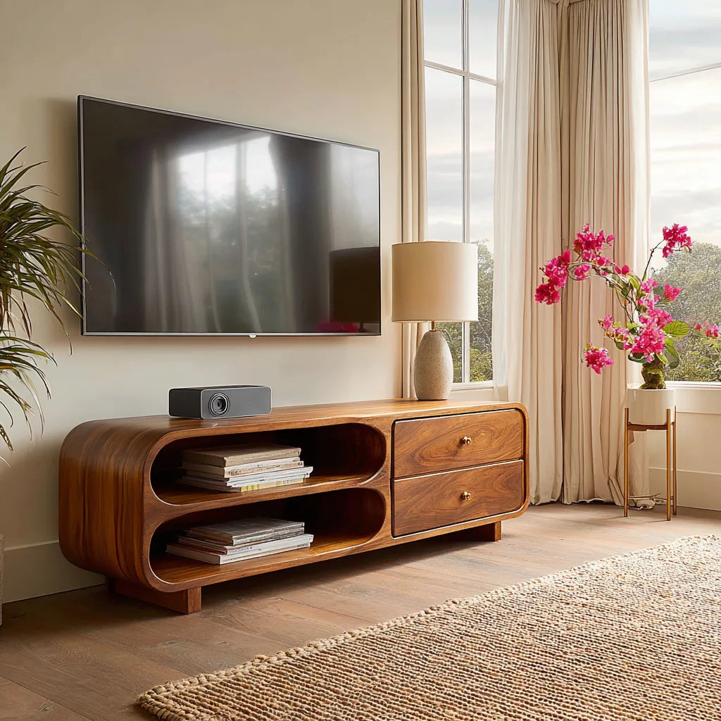 Rounded Natural Solid Wood TV Stand with Open Shelves and Drawers