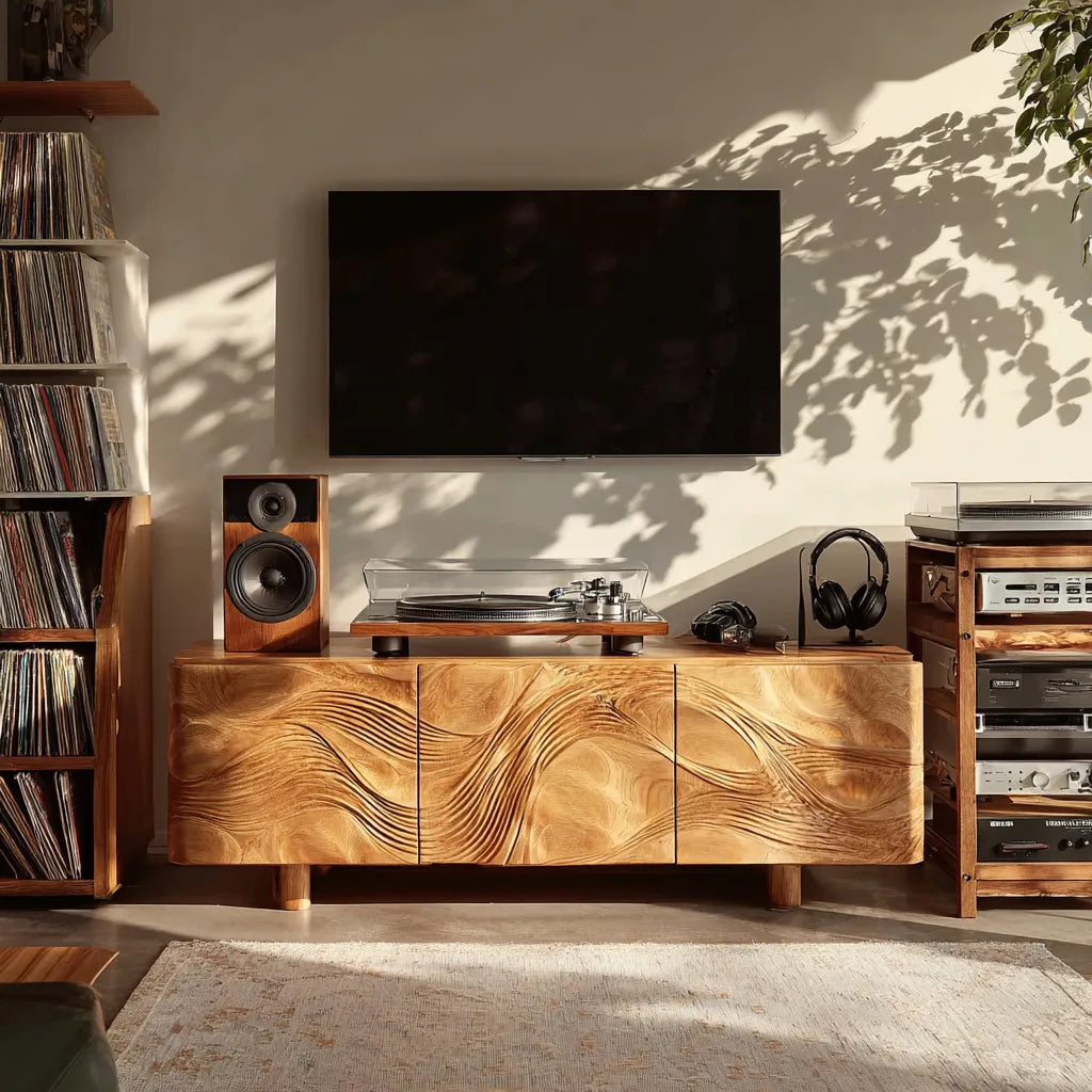 Wave Carved Natural Solid Wood TV Stand with Concealed Storage Doors