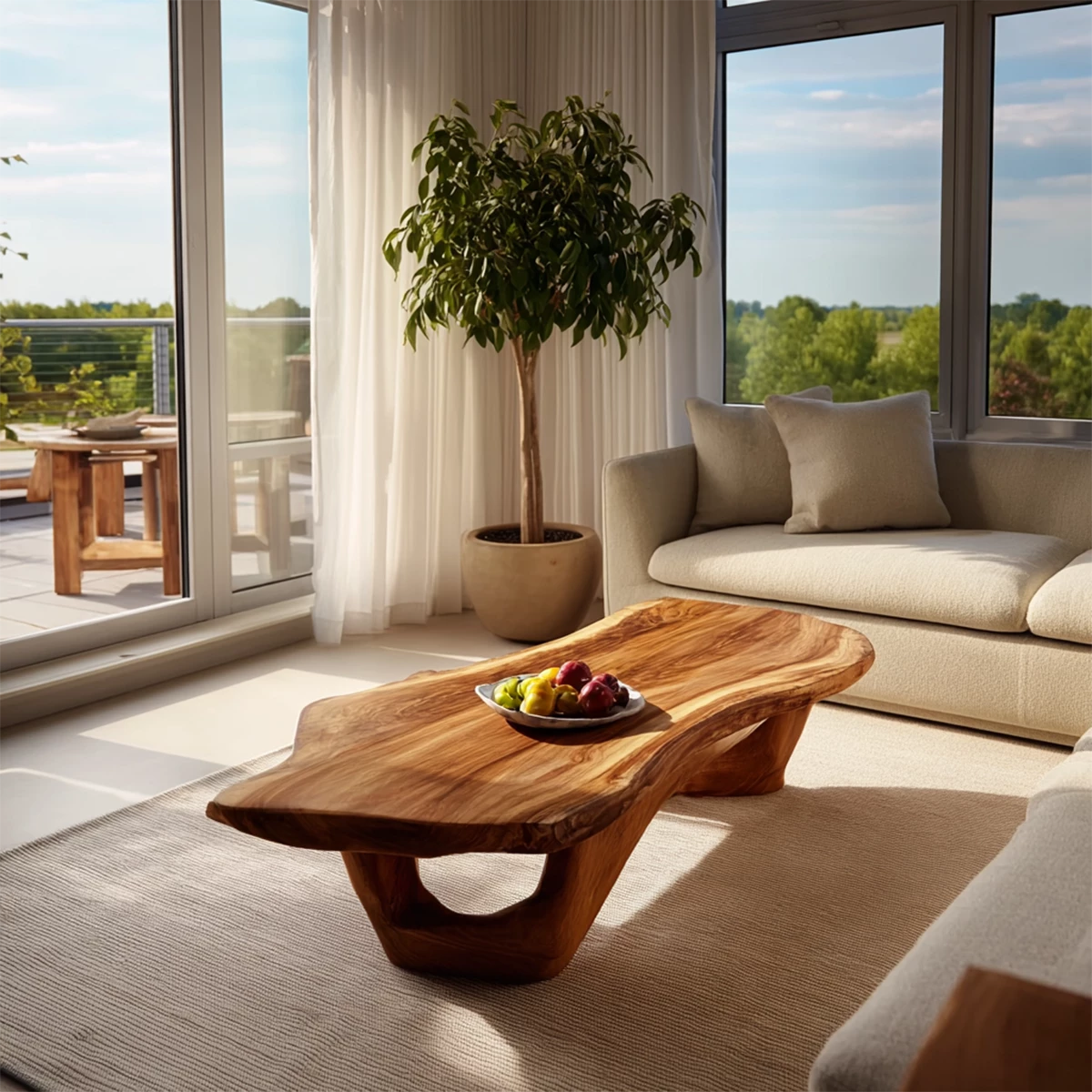 Organic Solid Wood Coffee Table With Live Edge Top And Sculptural Open Base For Modern Living Room