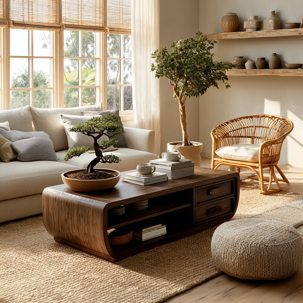 Curved Solid Wood Coffee Table With Storage Drawers Open Shelf And Rounded Waterfall Sides For Modern Living Room