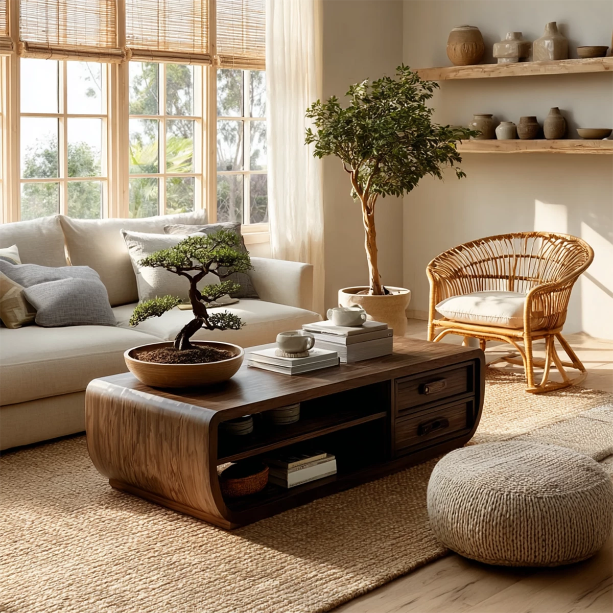 Curved Solid Wood Coffee Table With Storage Drawers Open Shelf And Rounded Waterfall Sides For Modern Living Room