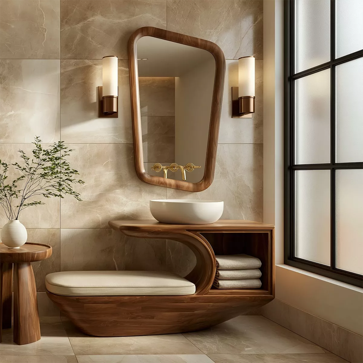 Solid Wood Bathroom Vanity With Integrated Bench Open Storage Shelf And Organic Mirror Frame