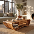 Sculptural Solid Wood Coffee Table With Curved Waterfall Frame Storage Drawer And Open Shelf For Modern Living Room