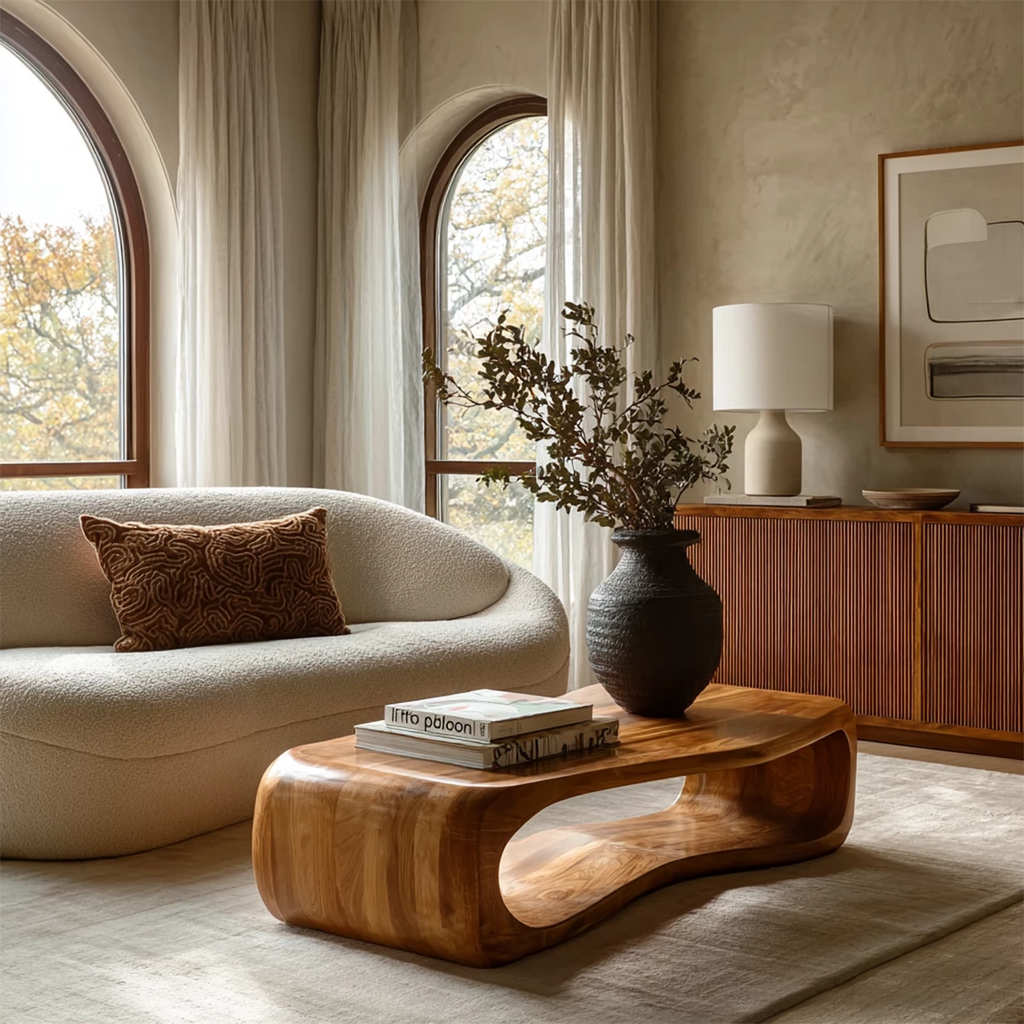 Sculptural Solid Wood Coffee Table With Rounded Waterfall Base And Open Center For Modern Living Room