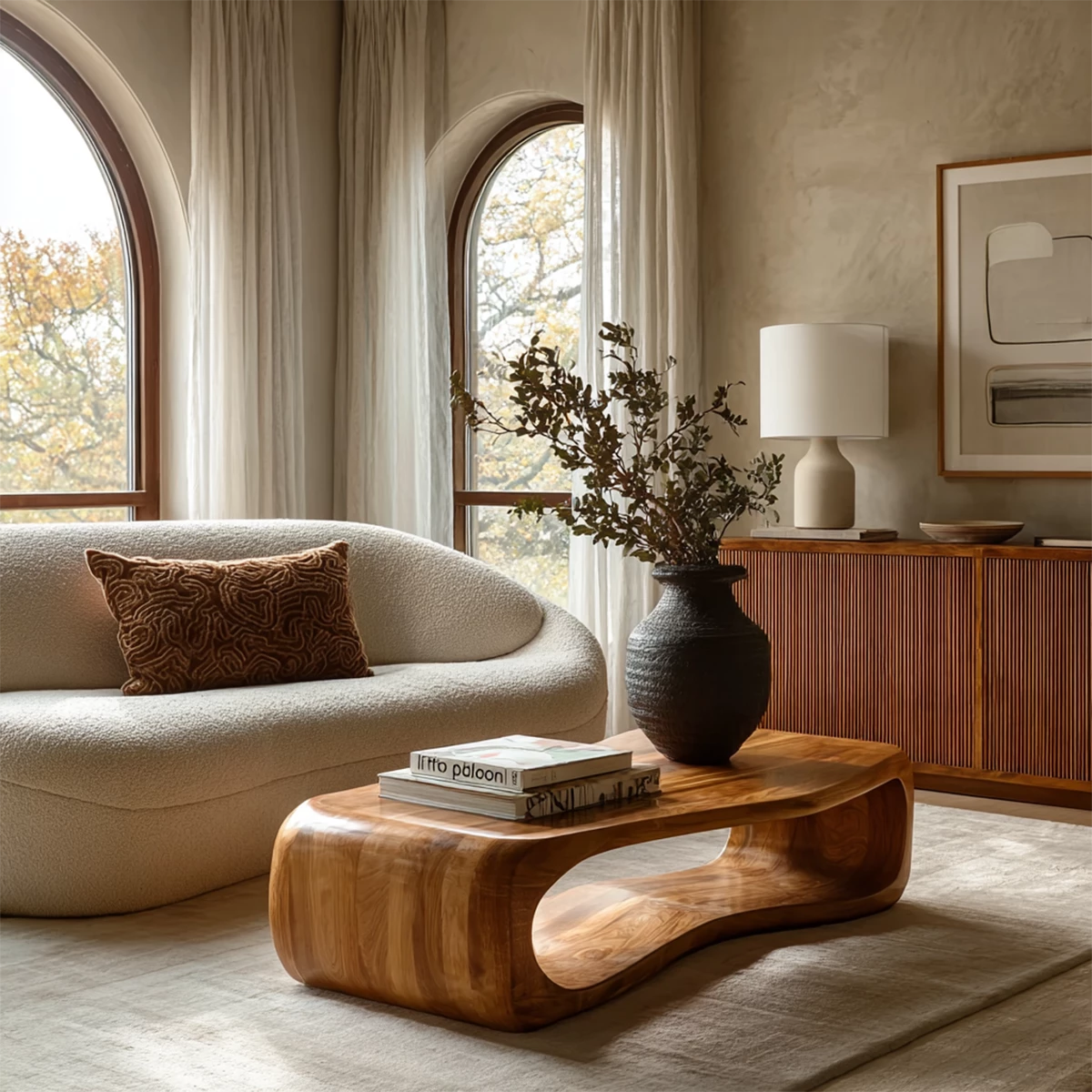Sculptural Solid Wood Coffee Table With Rounded Waterfall Base And Open Center For Modern Living Room