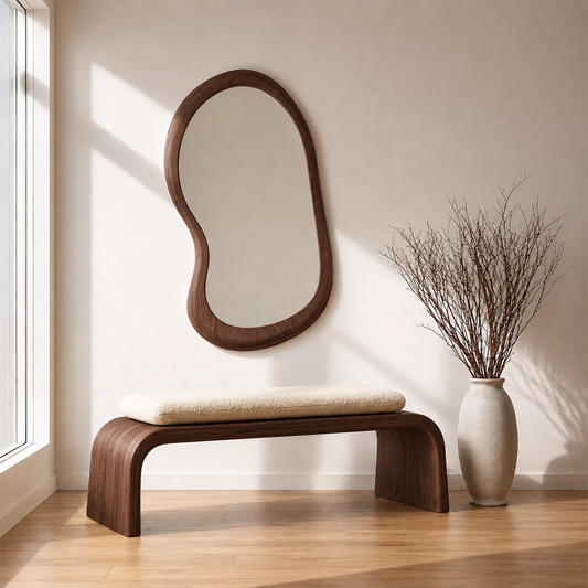 Upholstered Curved Wood Bench – Modern Entryway Bench with Natural Wood Frame - Echotimber