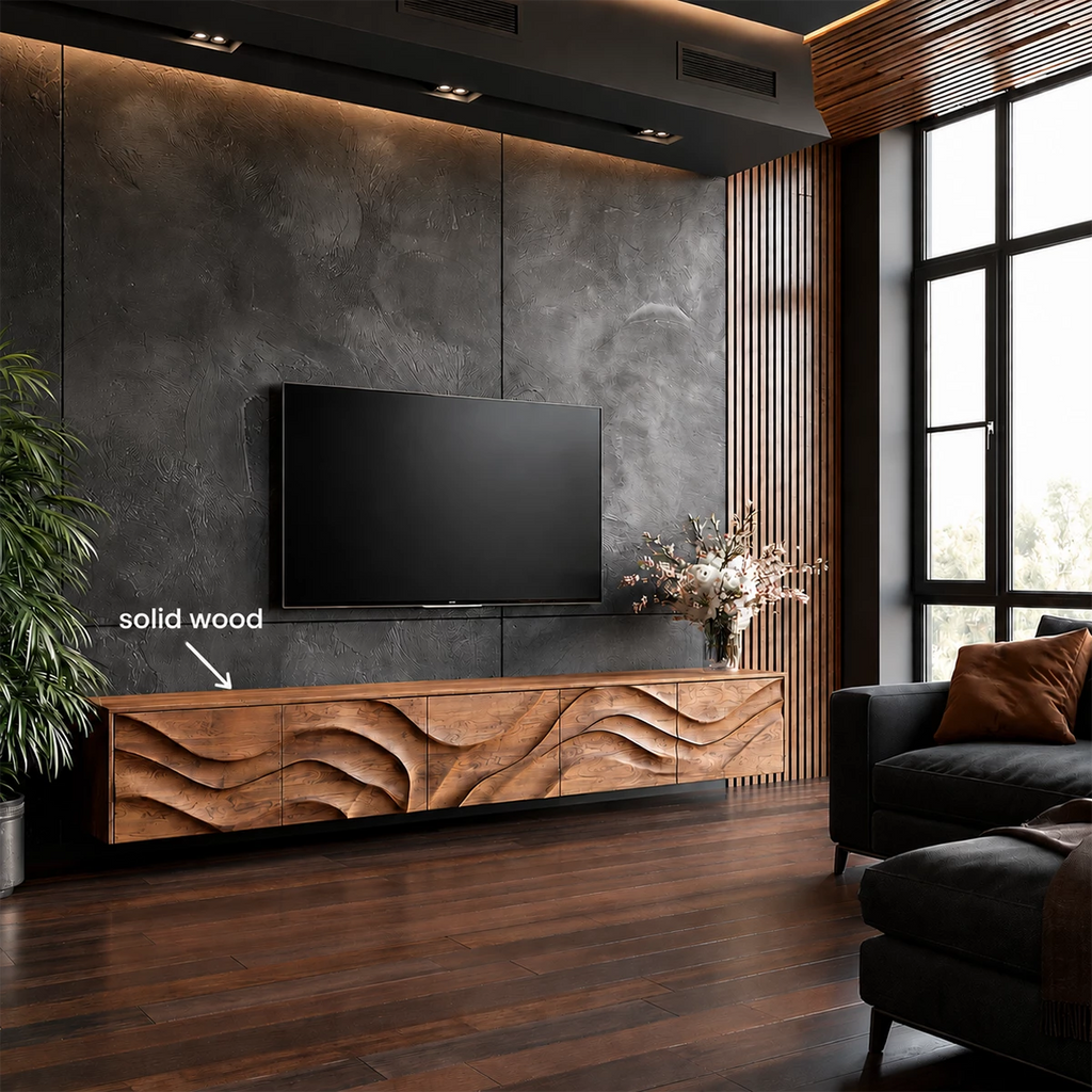 Natural Solid Wood TV Stand Sculptural Wave Modern Style