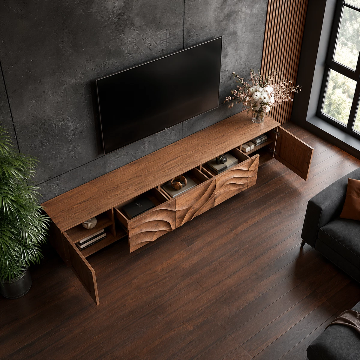 Natural Solid Wood TV Stand Sculptural Wave Modern Style