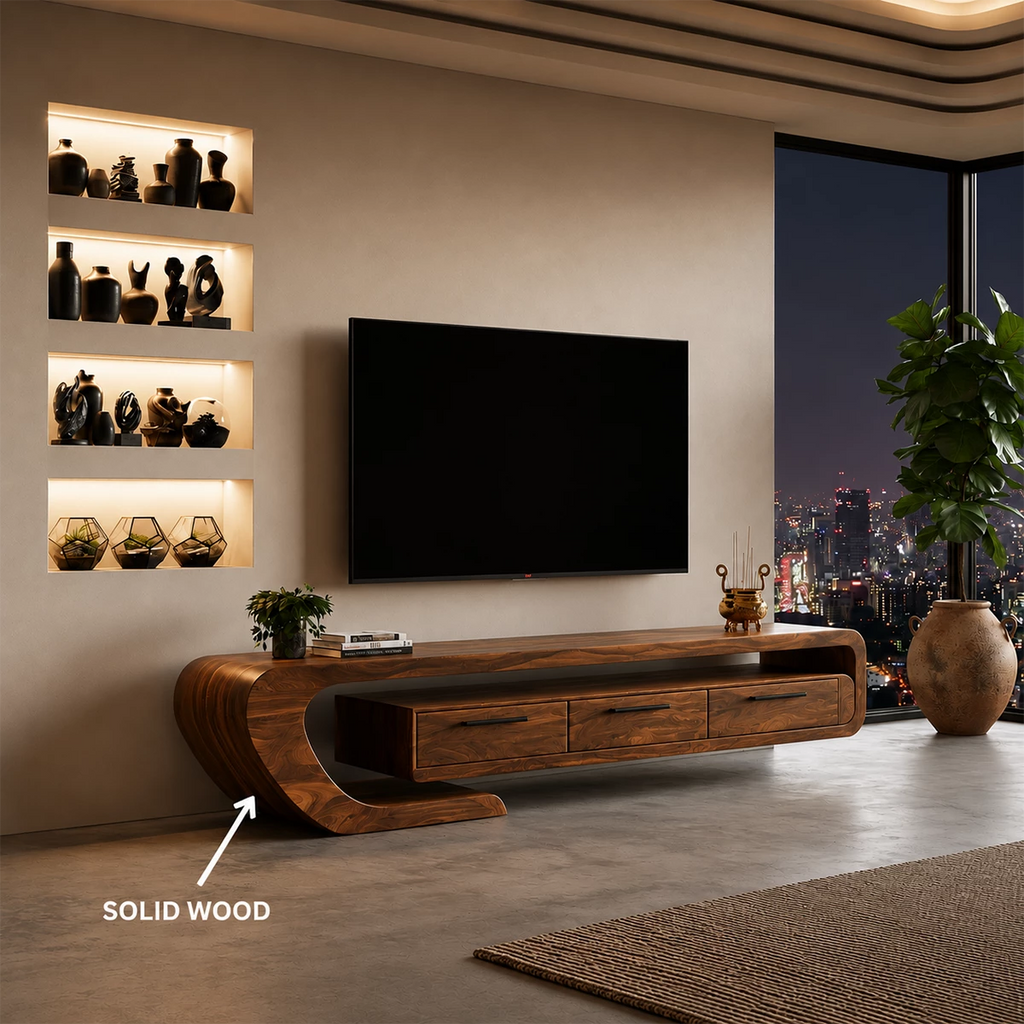 Natural Solid Wood TV Stand with Three Drawers and Sculptural Curved Base