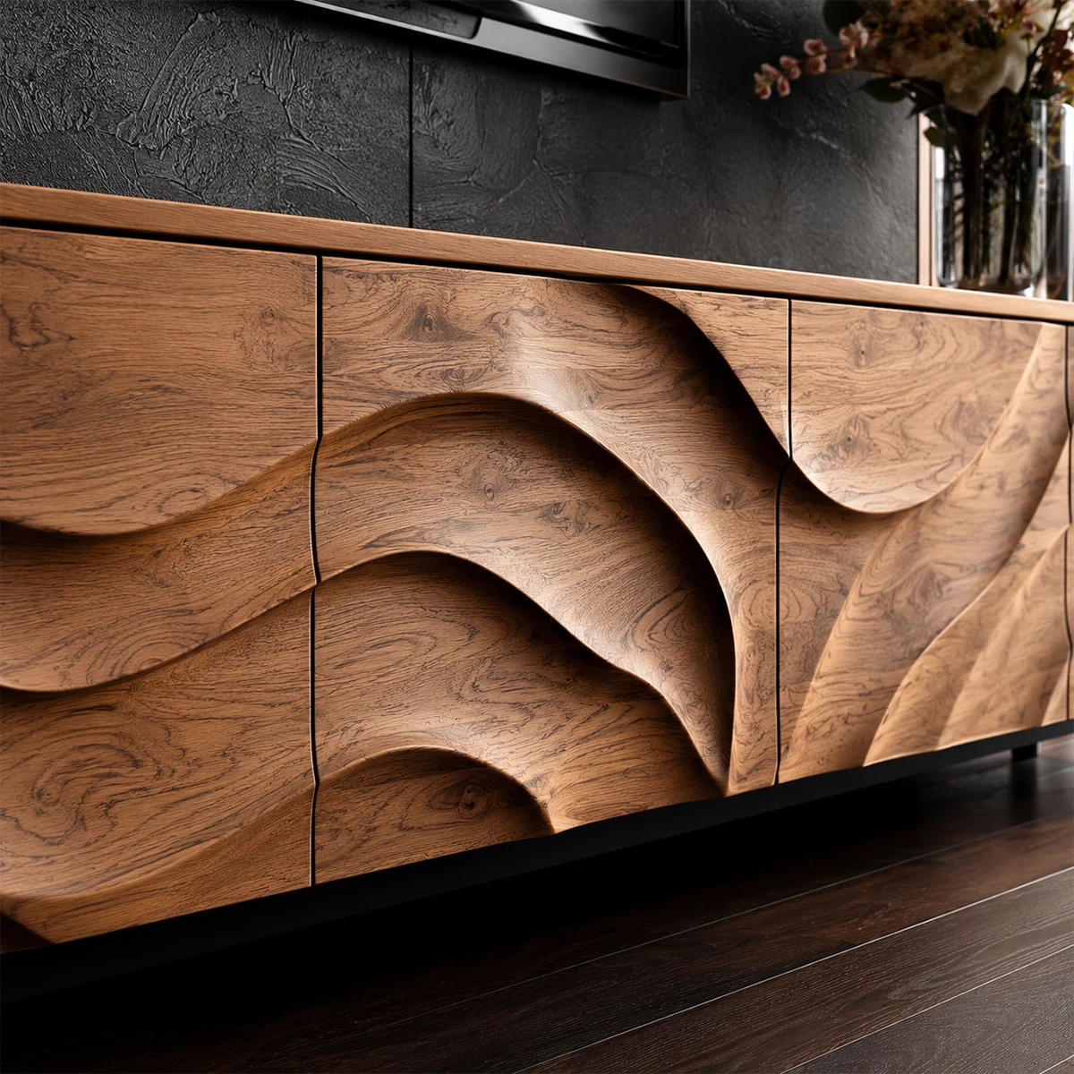 Natural Solid Wood TV Stand Sculptural Wave Modern Style