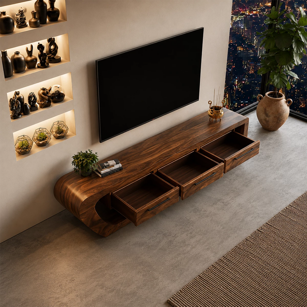 Natural Solid Wood TV Stand with Three Drawers and Sculptural Curved Base