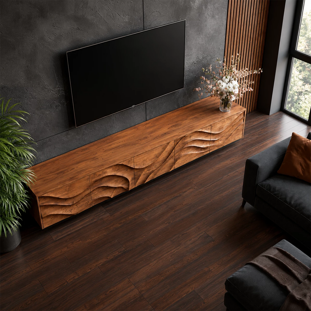 Natural Solid Wood TV Stand Sculptural Wave Modern Style