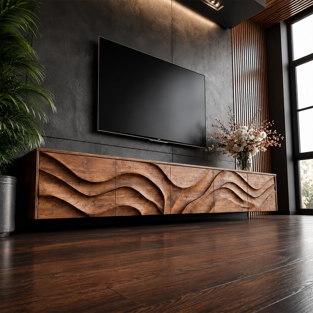 Natural Solid Wood TV Stand Sculptural Wave Modern Style
